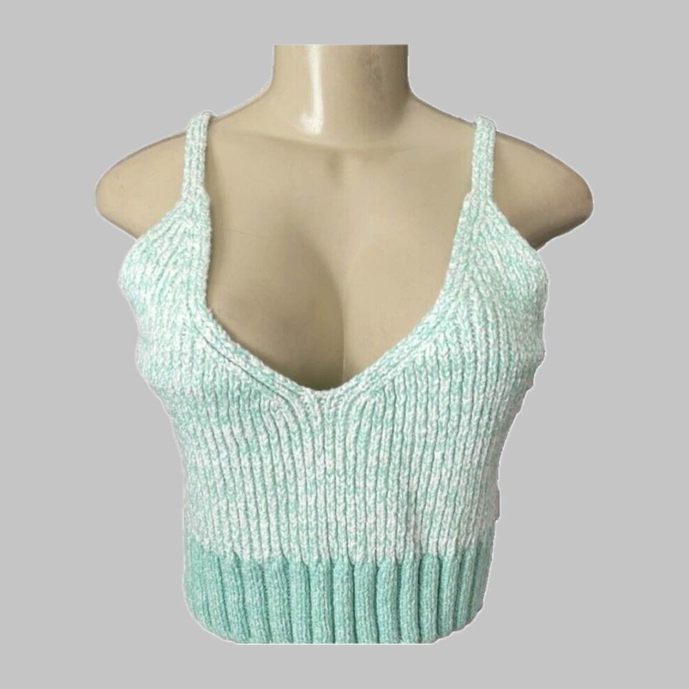 Intimately Free People XL Mint Green Marled Cotton Knit V-Neck Crop Top Ribbed